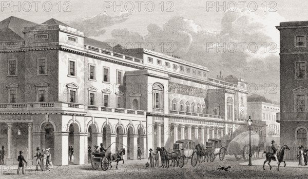 The Italian Opera, Haymarket, London, UK, illustration by Th. H. Shepherd, 1828