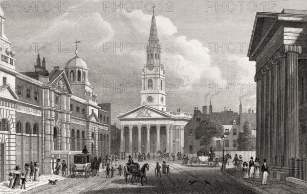 St Martin-in-the-Fields, London, UK, illustration by Th. H. Shepherd, 1826