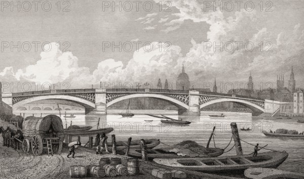 Southwark Bridge, London, UK, illustration by Th. H. Shepherd, 1826