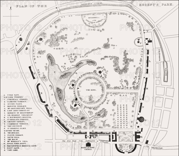 Plan of the Regent's Park, London, UK, illustration by Th. H. Shepherd, 1826