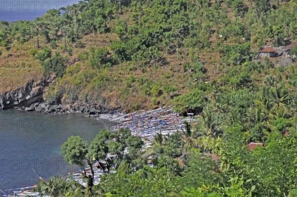 Forested east coast with outrigger boats near Amed, Bali, Indonesia, Asia