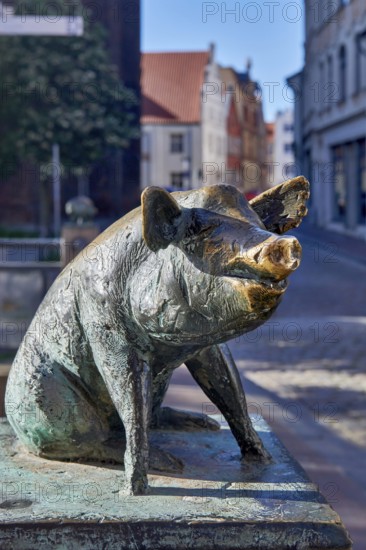 Bronze sculpture of a wild boar on a pedestal in front of a city backdrop, pig bridge with a group