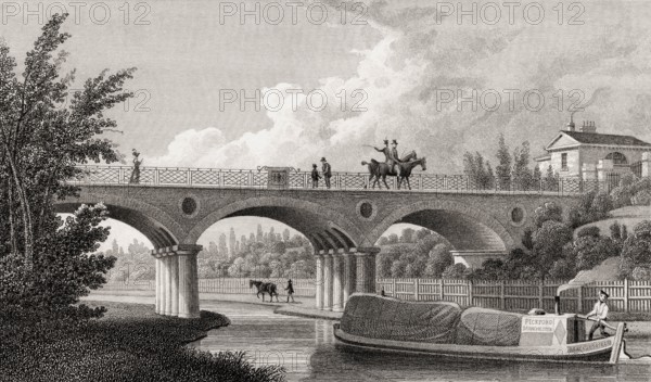 Macclesfield Bridge, Regent's Park, London, UK, illustration by Th. H. Shepherd, 1826