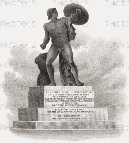 Statue of Achilles, Hyde Park Corner, London, UK, illustration by Th. H. Shepherd, 1826