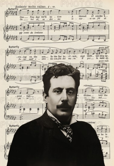 Giacomo Puccini, 1858 –1924, Italian composer, digitally edited according to a photograph, notes