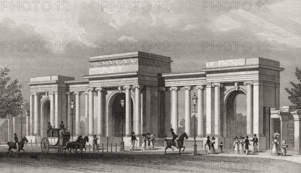 Grand entrance to Hyde Park, London, UK, illustration by Th. H. Shepherd, 1826