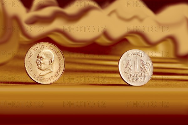 Double pair Indian currency one rupees coin and artistic background backside front side & backside