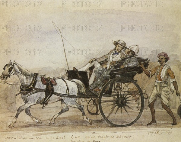 British men in horse cart visit to jail, India, 1995, Asia