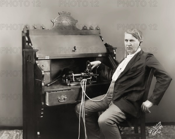 Thomas Alva Edison with his cylinder phonograph, digitally edited
