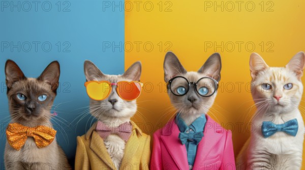 Four cats in colorful outfits, each with glasses and a bow tie, AI generated