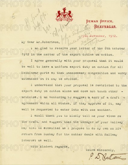 Letter head with royal seal or Coat of Arms 15/xi/1912, Bhavnagar, Saurashtra, Gujarat, India, Asia