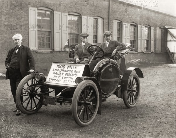 Thomas Edison with his Electric automobile 1910, together with Captain W. Langdon, Bailey Co. test