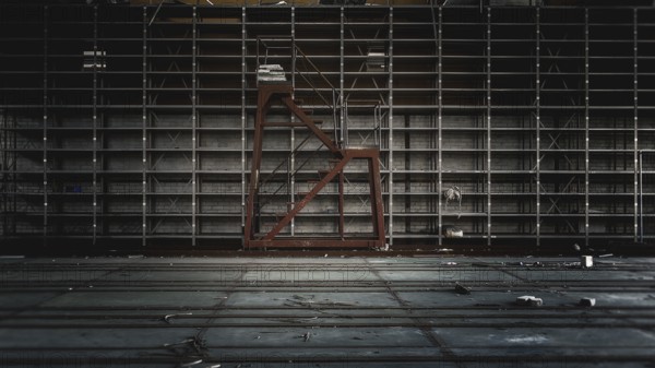 Empty warehouse with large metal shelves in gloomy light, Gerresheimer Germany, Lost Place,