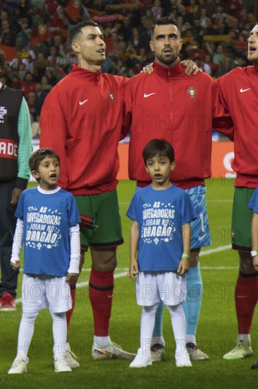 Football match, Cristiano RONALDO CR7 Portugal left singing the national anthem of Portugal with