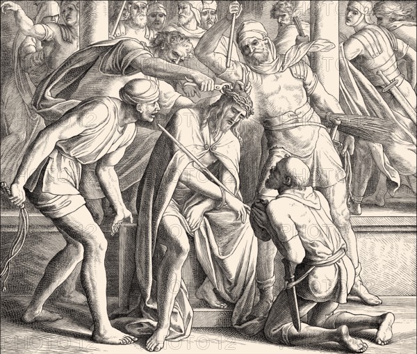 The mocking of Jesus, New Testament, by Julius Schnorr von Carolsfeld, 1860