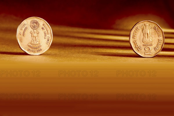 Double pair Indian currency two rupees coin front side and backside manner embossed supreme Court