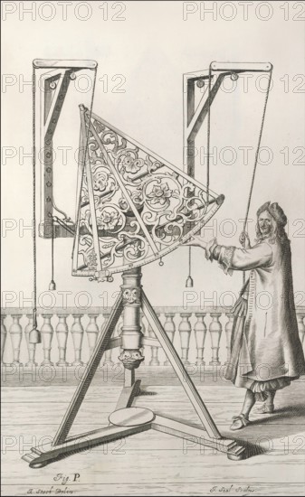 Observing the sky with a brass sextant, Machinae coelestis, 1673, Johannes Hevelius, Danzig