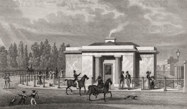 View of a lodge in Hyde Park, London, UK, illustration by Th. H. Shepherd, 1826