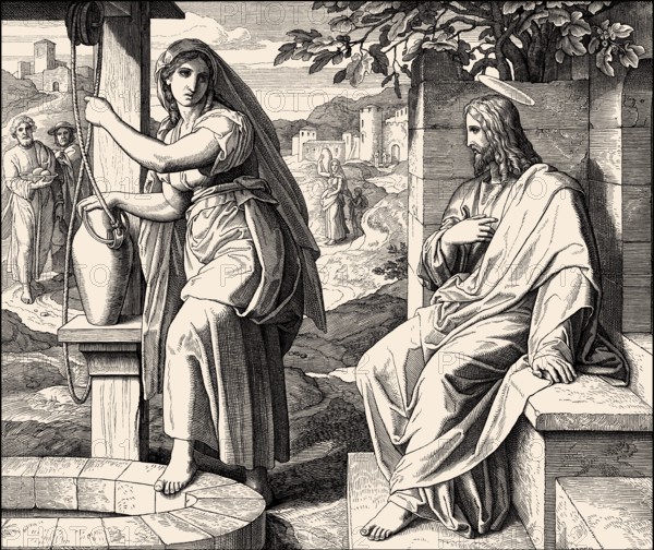 Jesus talks with a Samaritan woman, New Testament, by Julius Schnorr von Carolsfeld, 1860
