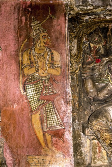 Mural painting fresco of Hanuman in the Ananthapadmanabha Swamy rock- cut cave temple at