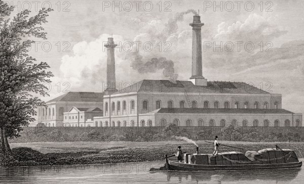 Gasworks near the Regent's Canal, London, illustration by Th. H. Shepherd, 1828