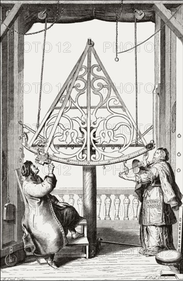 Observing the sky with a brass sextant, Johannes Hevelius and his wife, Danzig, 1673