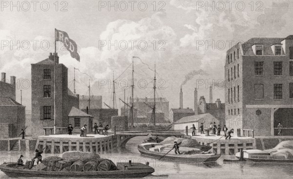 Entrance to the Regent's Canal, Limehouse, London, illustration by Th. H. Shepherd, 1828