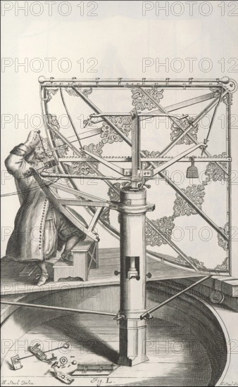 Observing the sky with a brass sextant, Machinae coelestis, 1673, Johannes Hevelius, Danzig
