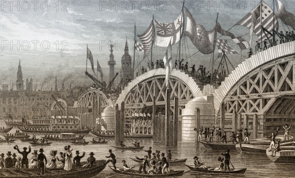 New London Bridge, with the Lord Mayor's Procession 1827, London, illustration by Th. H. Shepherd