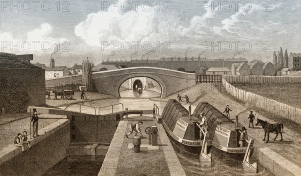 The Double Lock and East Entrance to the Islington Tunnel, Regent's Canal, London, illustration by