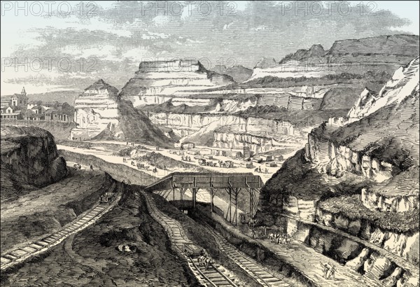 Construction site of the Parc des Buttes Chaumont, a public park in Paris, France, 19th century,