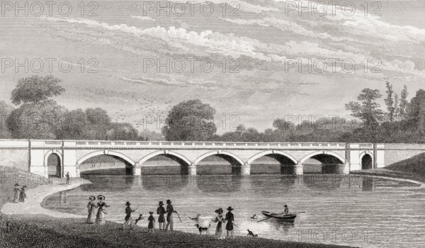Serpentine Bridge, Hyde Park, London, UK, illustration by Th. H. Shepherd, 1826