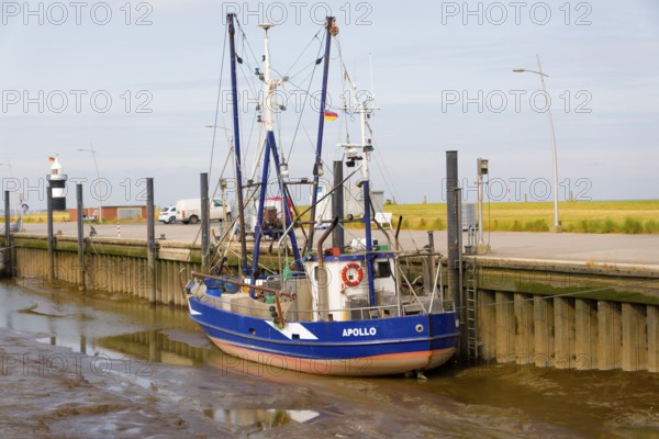 Shrimp trawlers moored in the sieve harbour on the Wadden Sea, Wremen, Cuxhaven, Lower Saxony
