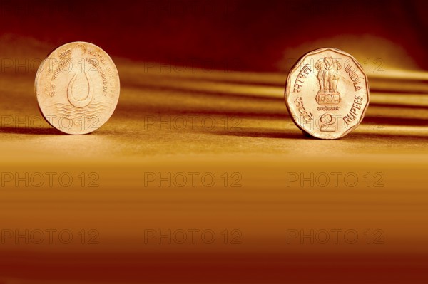 Double pair Indian currency two rupees coin front side and backside manner embossed water for life