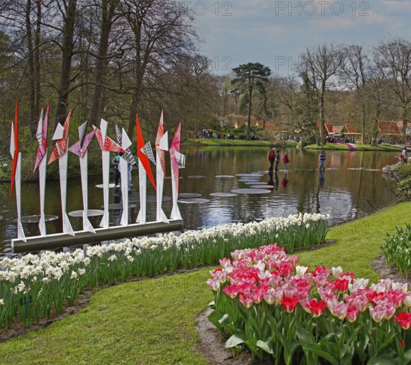 Tulip blossom, flower bed tulips, daffodils, lake, Wilhelmina Pavilion, spring, spring flower-bed,