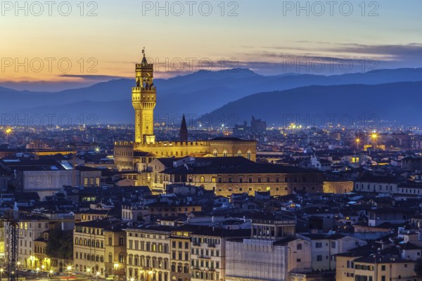 View of Florence with Palazzo Vecchio in evening from Piazzale Michelangelo, Italy, Europe