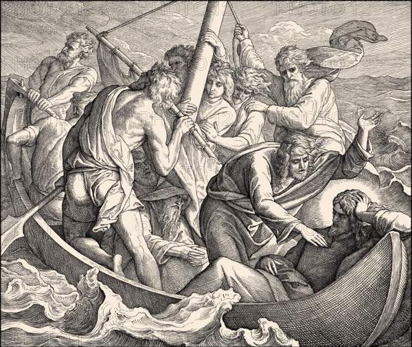 Jesus sleeps in boat during the storm, New Testament, by Julius Schnorr von Carolsfeld, 1860