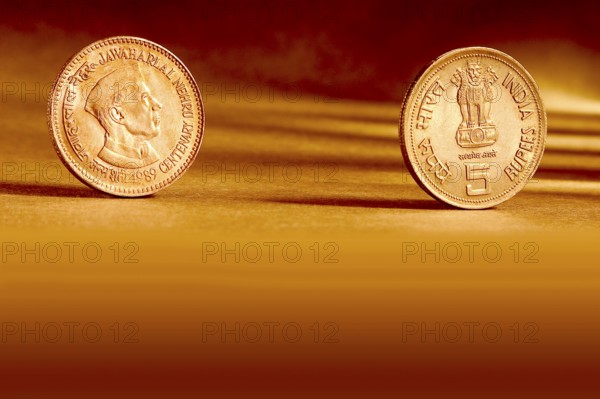 Double pair Indian currency five rupees coin front side and backside manner embossed Jawaharlal