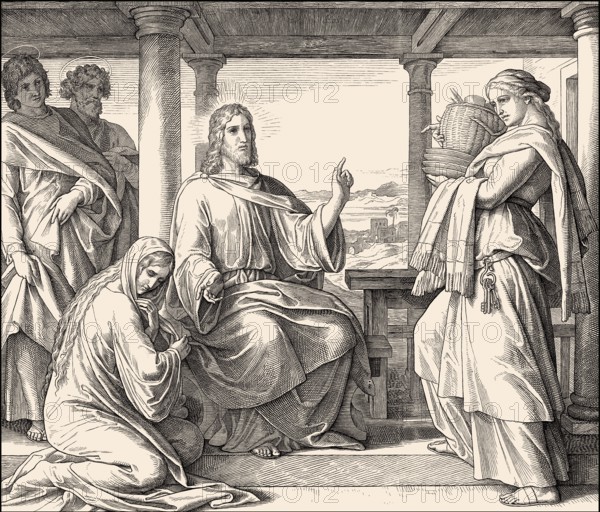 Jesus at the home of Martha and Mary, New Testament, by Julius Schnorr von Carolsfeld, 1860