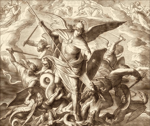 Saint Michael Fighting the Dragon, Book of Revelation, New Testament, by Julius Schnorr von