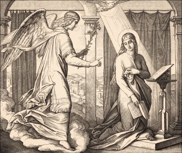 The Angel Gabriel brings the message to Mary about Jesus' birth, by Julius Schnorr von Carolsfeld