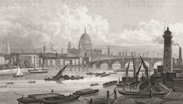 Panorama of London, St Paul's Cathedral, UK, illustration by Th. H. Shepherd, 1826