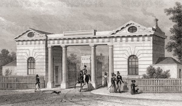 East Gate, Regent's Park, London, UK, illustration by Th. H. Shepherd, 1826