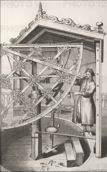 Observing the sky with a brass sextant, Machinae coelestis, 1673, Johannes Hevelius, Danzig
