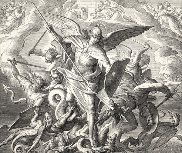 Saint Michael Fighting the Dragon, Book of Revelation, New Testament, by Julius Schnorr von