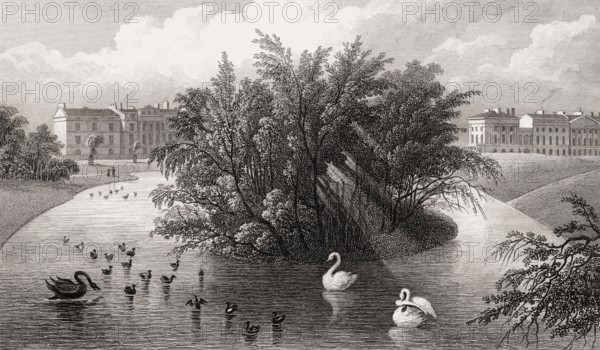 Regent's Park Lake, Cornwall Terrace, Clarence Terrace, London, UK, illustration by Th. H.