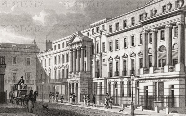 Pall Mall East and Suffolk Street, London, UK, illustration by Th. H. Shepherd, 1826