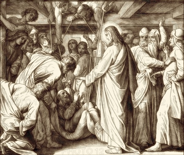 Healing the paralytic at Capernaum, New Testament, by Julius Schnorr von Carolsfeld, 1860