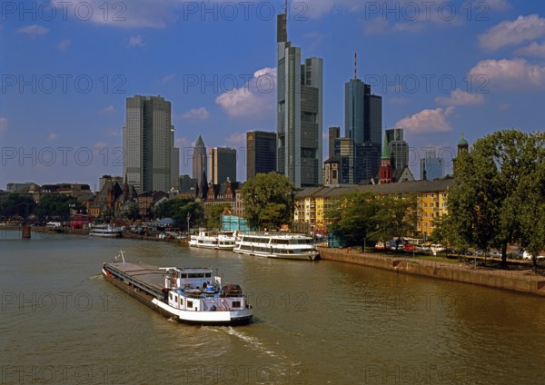 Skyline, banks, skyscrapers, Main, cargo ship, riverside promenade, Frankfurt am Main, Hesse,
