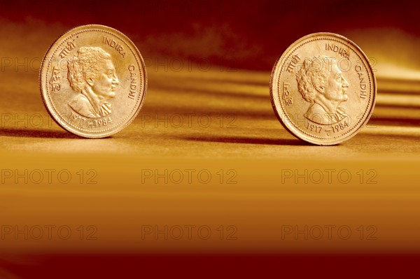 Double pair Indian currency five rupees coin front side and backside manner embossed Indira Gandhi